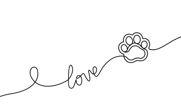 Paw continuous line drawing. One single hands drawn contour lines dog or cat. Design prints. Mark footprint oneline. Black lineart sketch outline isolated on white background. Vector illustration