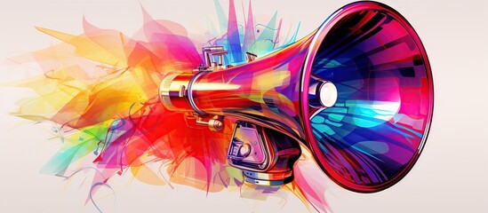 Colorful holographic megaphone on dark background. AI generated image