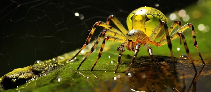 In the green macro world of the web a colorful insect in the Caucasus region weaves a mesmerizing yellow web attracting attention with its vibrant hues and intricate designs As it goes hunti