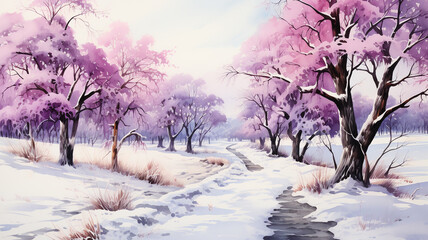 Winter landscape in the morning with pink trees.