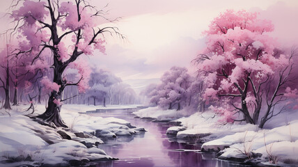 Snowy pink winter landscape with trees and fog.