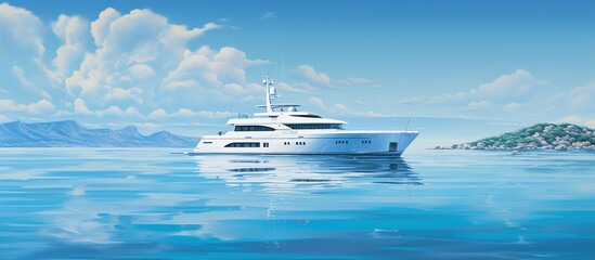 Luxury motor yacht on the deep ocean at sunny day. AI generated image - obrazy, fototapety, plakaty