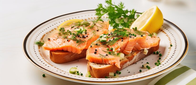 Breakfast menu of Sandwiches with salted salmon on white plate. AI generated image