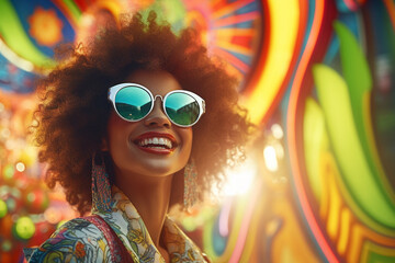 Fashion woman in neon light, portrait of beauty model with fluorescent colour and makeup. Sunglasses. Sustainable Reused Slow Fashion. - obrazy, fototapety, plakaty