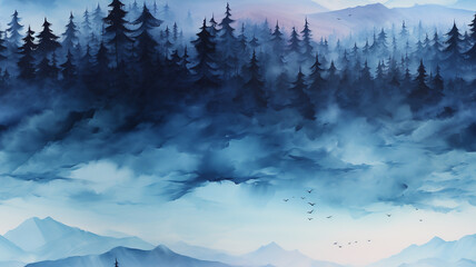 Seamless depiction of a dark misty forest landscape.