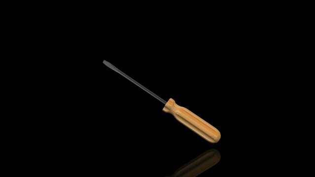 Vintage Wooden Screwdriver turns on itself - loop animation - black background
