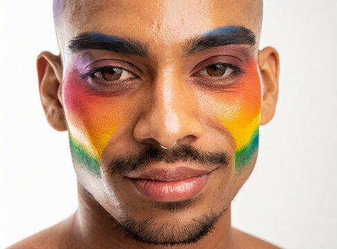 Gay man with rainbow makeup on his face closeup