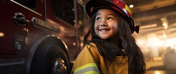 Portrait of smiling asian little girl wearing firefighter uniform standing in fire truck. - obrazy, fototapety, plakaty