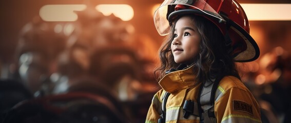 Portrait of smiling asian little girl wearing firefighter uniform standing in fire truck.