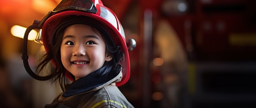 Portrait of smiling asian little girl wearing firefighter uniform standing in fire truck.