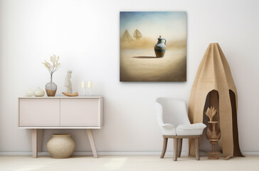 Fototapeta na wymiar Serene Bedroom Interior with Abstract Wall Art and Earthy Decor Accents