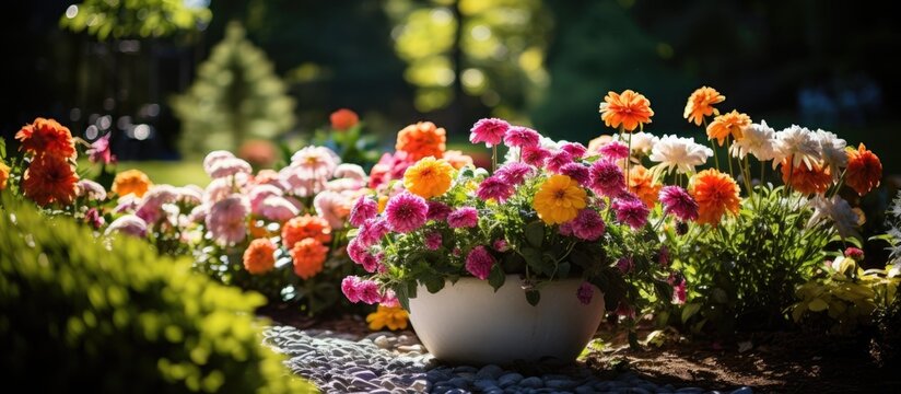 In the beautiful garden surrounded by the colorful and vibrant floral arrangements the background of green foliage and orange and pink blooms created a stunning summer scene showcasing the n