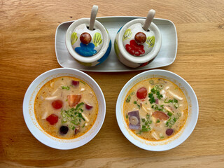 Tom Yam kung Spicy Thai soup. Two servings and jars of spices