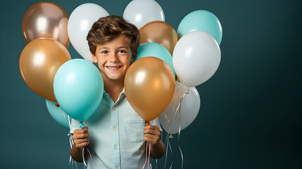 a boy standing holding a bouquet of balloons on a blue background, concept of children's freedom of thought - Powered by Adobe