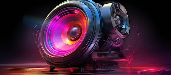 Colorful holographic loudspeaker on dark background. AI generated image