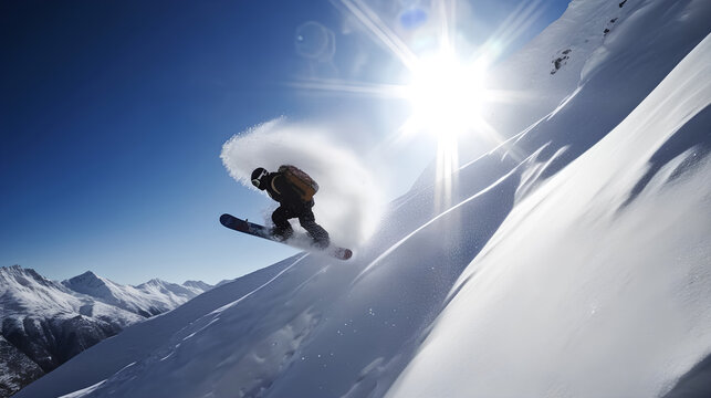 pro skier cliff jump, extreme skiing, winter mountain panorama