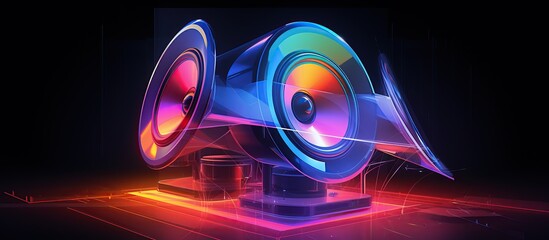Colorful holographic loudspeaker on dark background. AI generated image