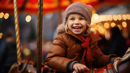 A joyful young girl in a winter hat and scarf is smiling while riding on a carousel horse in the evening, illuminated by the ride's lights.