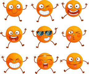 Set of 9 super happy orange fruit characters isolated on white background, funny orange emoji vector icons collection, cuite smiling food mascots cartoon illustration. Fresh mandarins vitamins C 