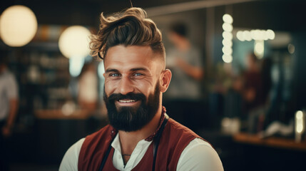 Stylish, bearded man with a neat haircut posing with an intense gaze and a serious expression in a modern barbershop setting.