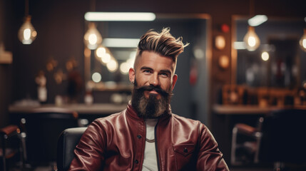 Stylish, bearded man with a neat haircut posing with an intense gaze and a serious expression in a modern barbershop setting.