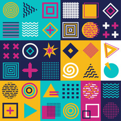 Fototapeta premium Colorful neo geometric poster. Grid with color geometrical shapes. Modern abstract vector illustration set. Geometric template poster, brochure neo pattern