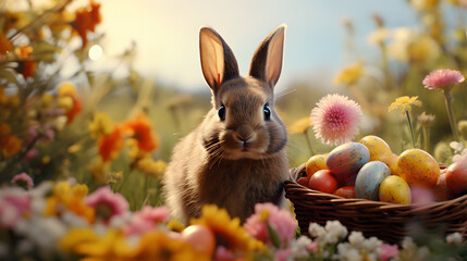 Fototapeta na wymiar Cute Easter bunny with basket of eggs and spring flowers on nature background
