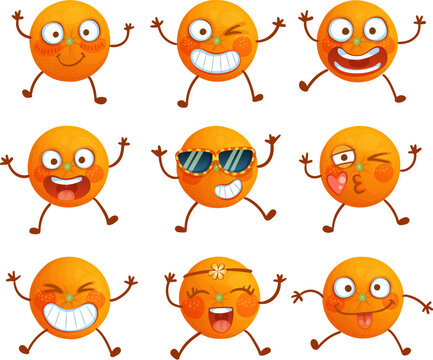 Set of 9 super happy orange fruit characters isolated on white background, funny orange emoji vector icons collection, cuite smiling food mascots cartoon illustration. Fresh mandarins vitamins C 