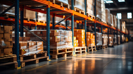Fototapeta premium Logistics and transportation background. Product distribution center. Interior of a warehouse with shelves full of boxes. Retail Warehouse or storehouse with goods on pallets and racks. 