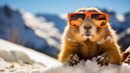 A cute, fluffy marmot crawled out of his hole wearing sunglasses among the white snow on a sunny...
