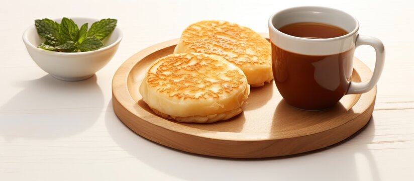 Delicious cheese pancakes with cup of coffee white background. AI generated image