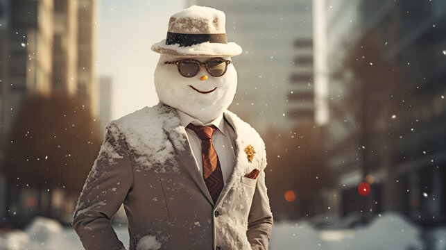 Funny smiling Snowman with sunglasses, dressed in a business suit, stands on a snowy street. Christmas and New Year funny concept.