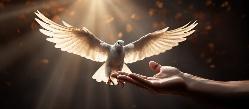 White Dove flying come to hand on foggy sunlight background. AI generated image