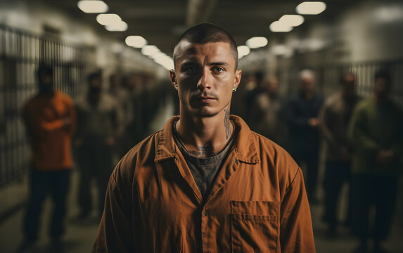 Prisoners in orange shirts at the prison