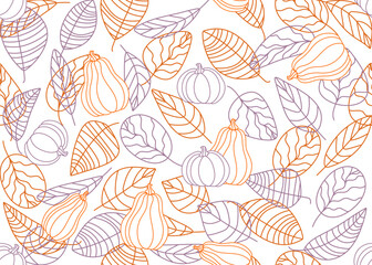 Seamless pattern of autumn leaves and pumpkins.