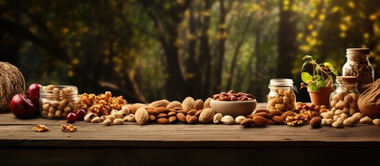 In a serene natural setting with a woody background a wooden table is adorned with a spread of healthy organic snacks prominently featuring dry almonds as a key ingredient - obrazy, fototapety, plakaty