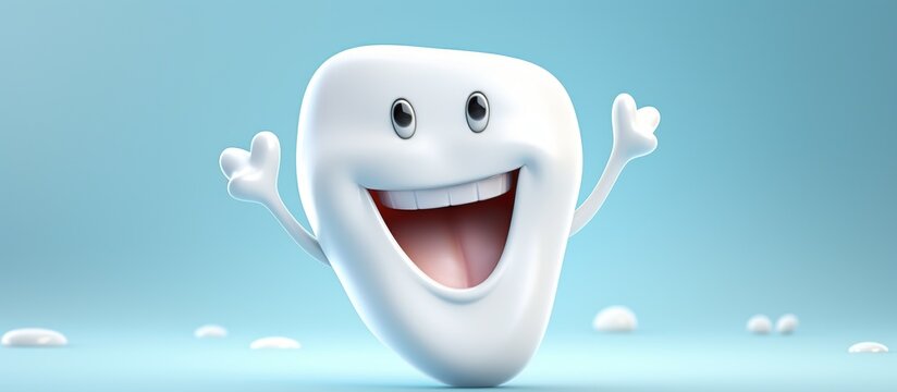 3D rendering of happy cute tooth character on blue background. AI generated image