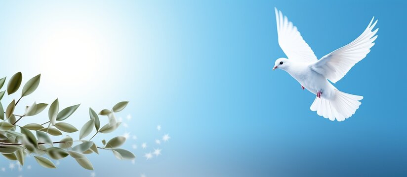 White dove flying with leaf on blue sky, copy space background. AI generated image