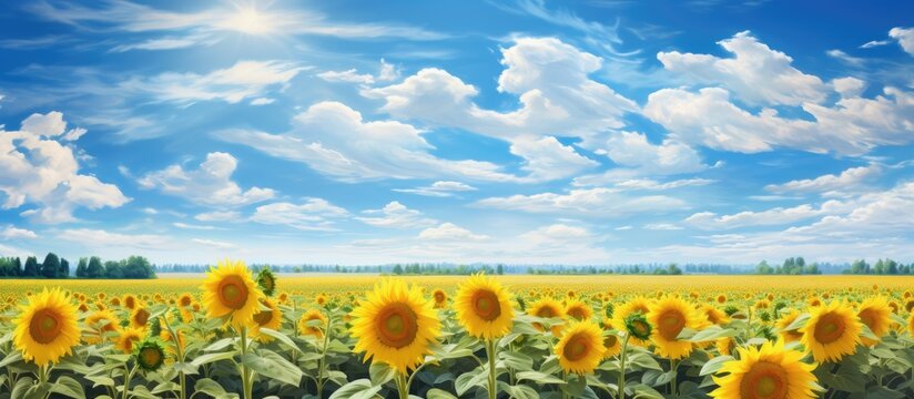 In the beautiful summer landscape surrounded by a sea of agriculture the colorful flowers bloom under the endless blue sky with sunflowers standing tall creating a gorgeous and vibrant botan