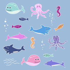 Fototapeta premium Set with swimming fish, whales, sharks, octopuses and seahorses.