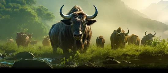 Deurstickers In the lush green expanse of nature a herd of wild buffalo roamed freely among other majestic wild animals including the powerful Indian buffalo creating a captivating scene of vibrant wild © TheWaterMeloonProjec