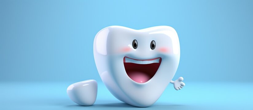 3D rendering of happy cute tooth character on blue background. AI generated image