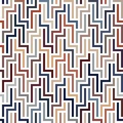Seamless repeating pattern with interlocking multicolored zigzag lines. Geometric motif of blue, brown, and beige stripes on a white background. Modern design striped ornament. Vector illustration.