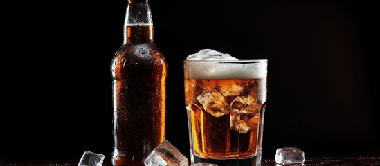 Full beer on glass and a bottle on the dark background. AI generated image