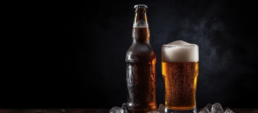 Full beer on glass and a bottle on the dark background. AI generated image