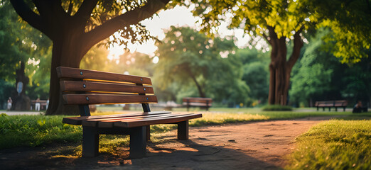 wooden bench at the park Concept of green space for relaxation - obrazy, fototapety, plakaty