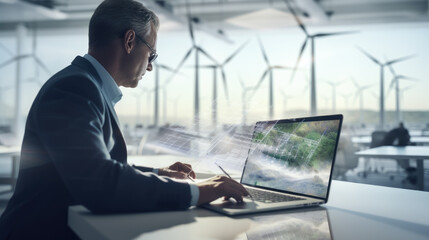 A focused businessman analyzes renewable energy designs on his laptop with holographic blueprints, in an office overlooking wind turbines.