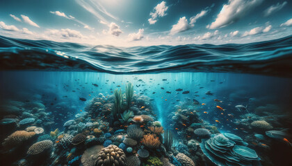 Fototapeta na wymiar An ocean with an underwater section.