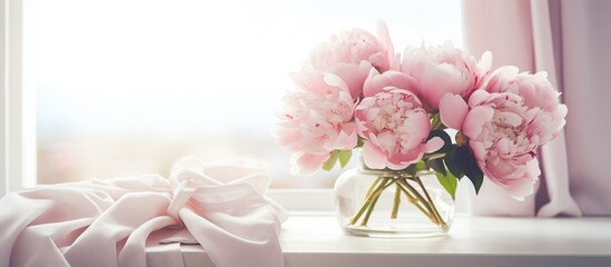 Vase with pink peony flowers in living room decoration. AI generated image