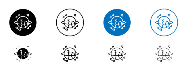 Space waste vector icon set. Space junk symbol in black filled and outlined style.